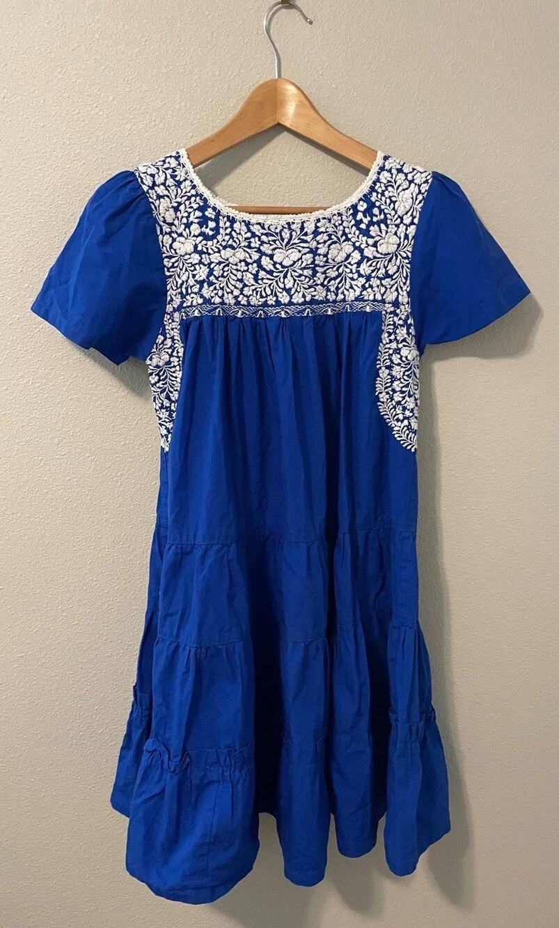 Mi Golondrina Dress Womens XS Blue Embroidered Floral Cotton Trapeze Boho